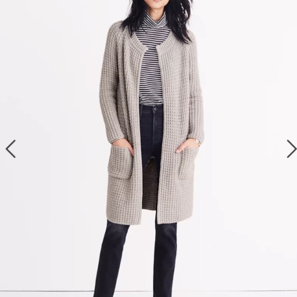 Madewell Waffle Stitch Long Sweater Cardigan Coat Pockets Gray/Silver Wool Blend - Picture 2 of 16